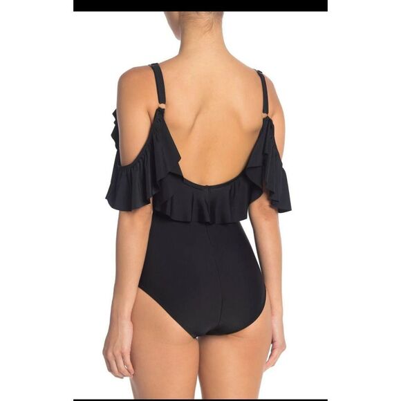 Nicole Miller Ruffled Cold Shoulder One Piece Swimsuit NWT Size Small - Picture 2 of 6